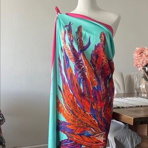 Vibrant Turquoise & Orange Feather Print Wrap